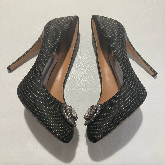 BADGLEY MISCHKA Sz 10 Jewelled Diamond Toe Cap Gold Specs 5”  Heels Pumps - Picture 8 of 13